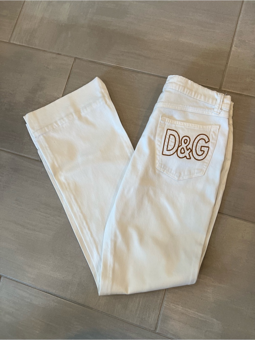 D&G Dolce&Gabbana Straight Leg Women's Vintage Jeans in White with Gold Logo